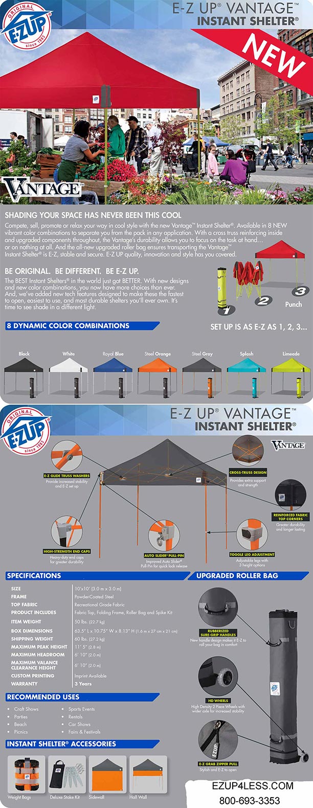 EZ UP Canopy Tent 10' x 10' Vantage Replacement Tops